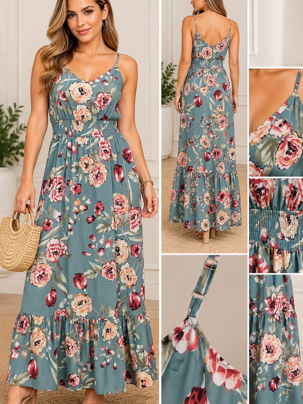 City Studio Teal Floral V-Neck Maxi Dress